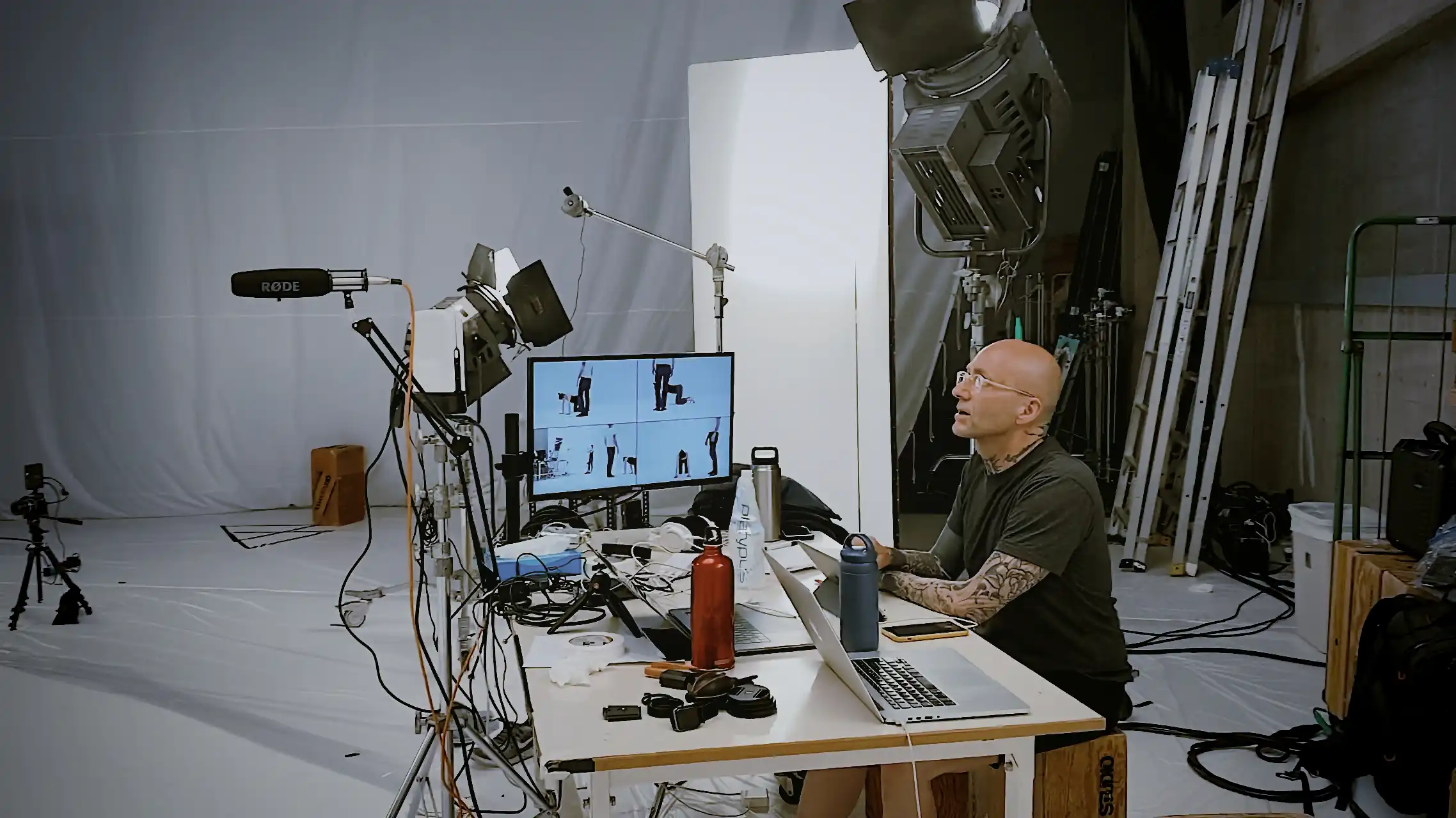 Patrick sitting at a desk with a laptop and several monitors