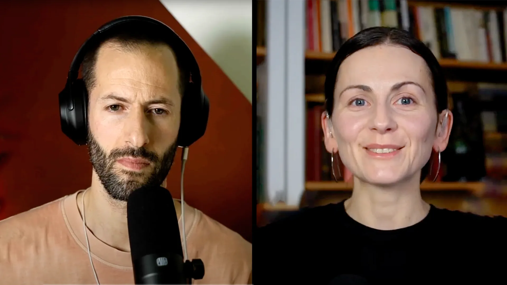 Man and woman in video call with headphones