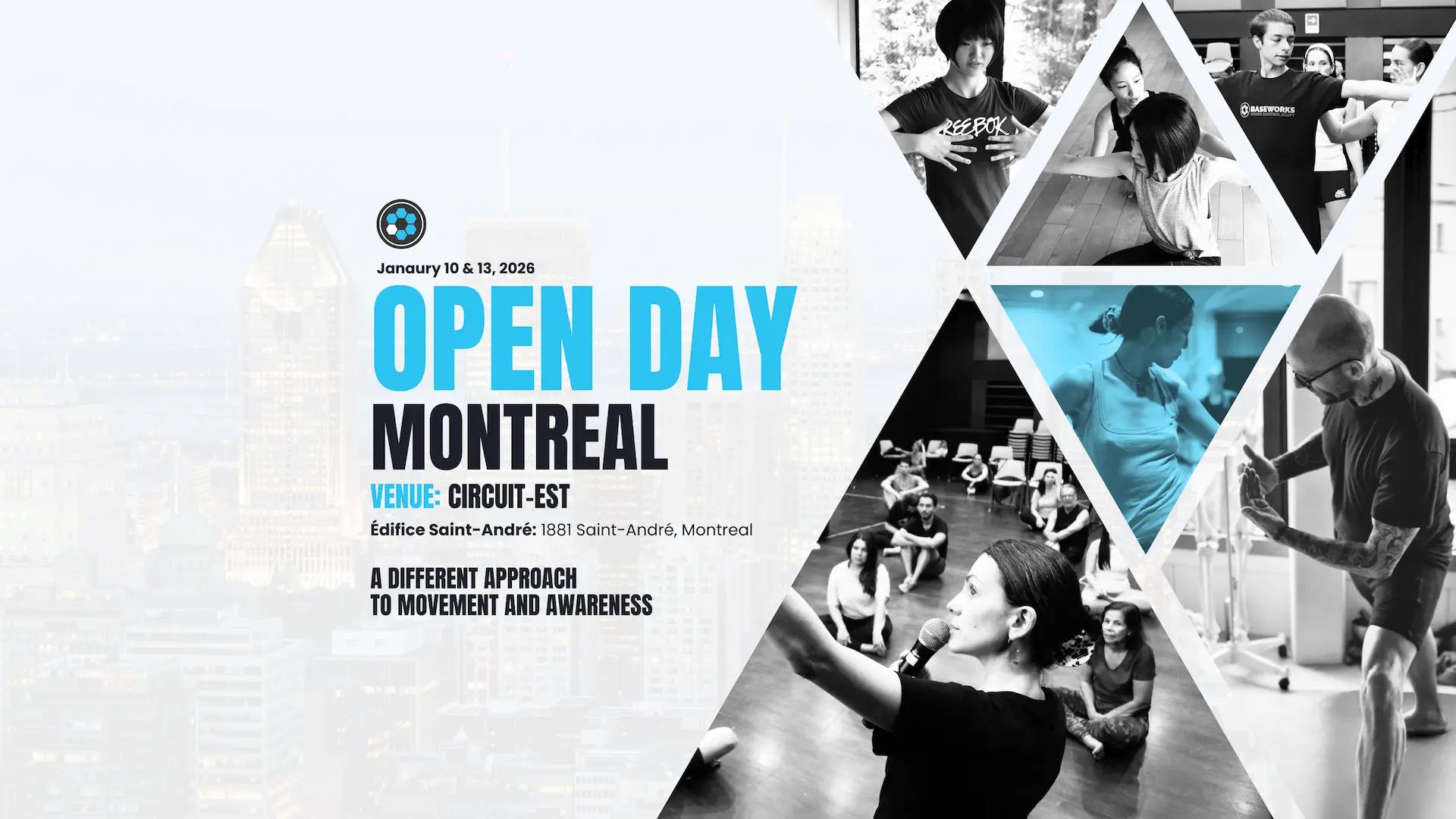 Promotional image for a Montreal open day featuring people practicing movement exercises and event details on the left side.