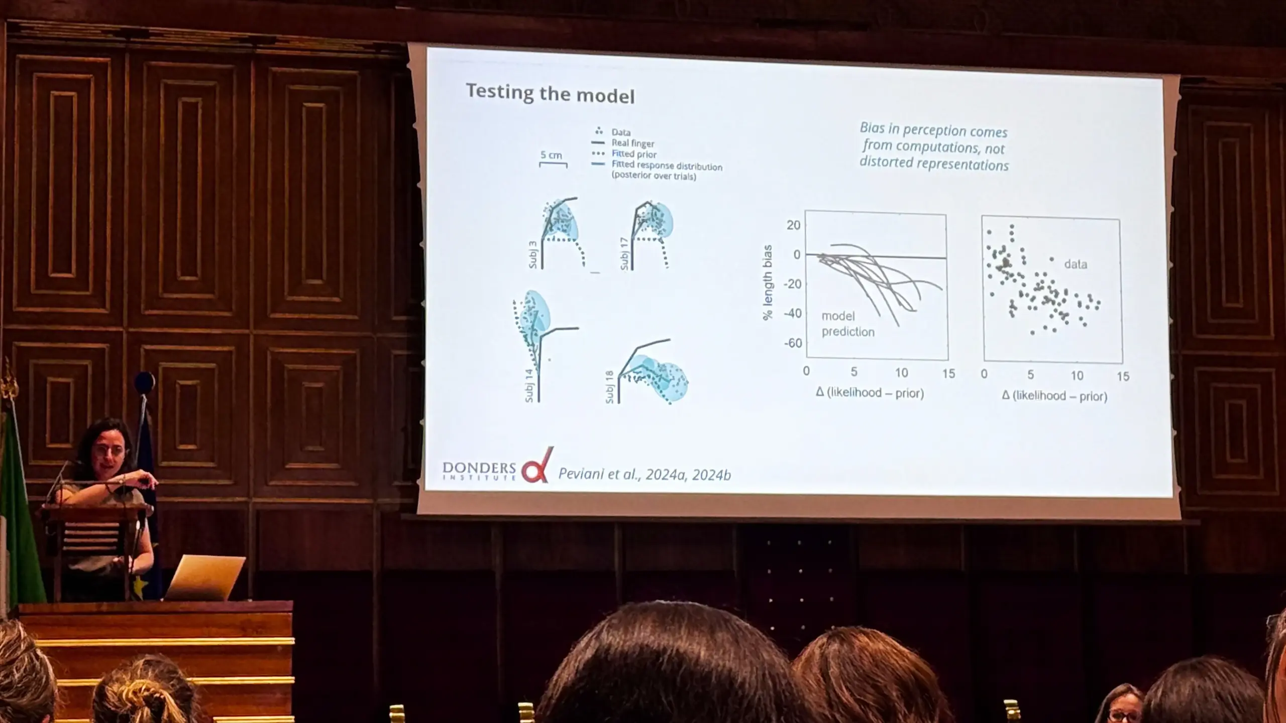 A researcher presents at the podium in the Aula Magna Galileo Galilei. The projected slide is titled "Testing the model" and displays body length perception bias graphs comparing model predictions with participant data. The Donders Institute logo and the citation "Peviani et al., 2024a, 2024b" are shown at the bottom of the slide.