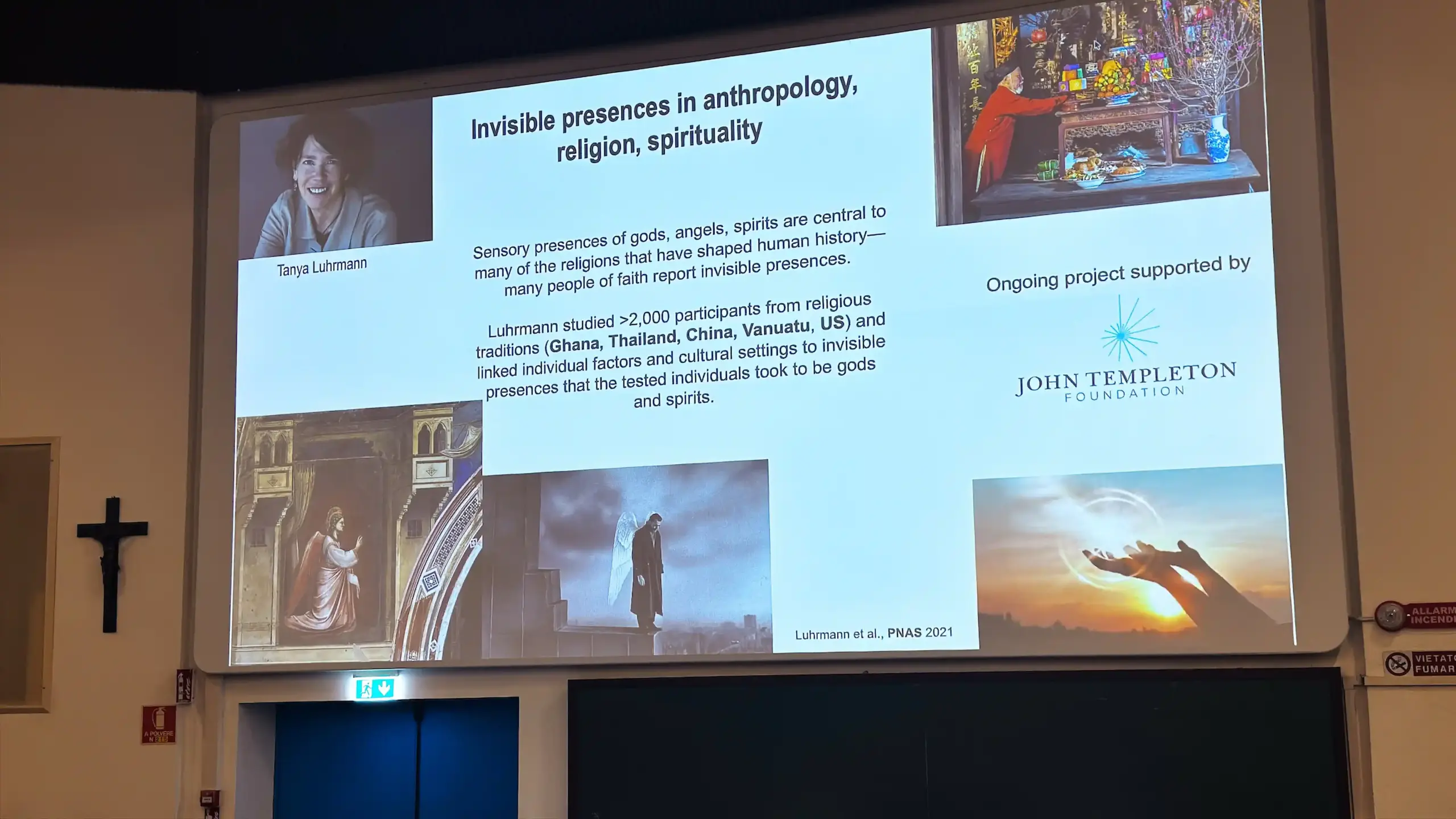 Projected slide from Olaf Blanke's (EPFL) keynote at BRNet 2026. The slide is titled Invisible presences in anthropology, religion, spirituality and references cross-cultural research by Tanya Luhrmann (Luhrmann et al., PNAS 2021). The John Templeton Foundation logo appears at lower right.
