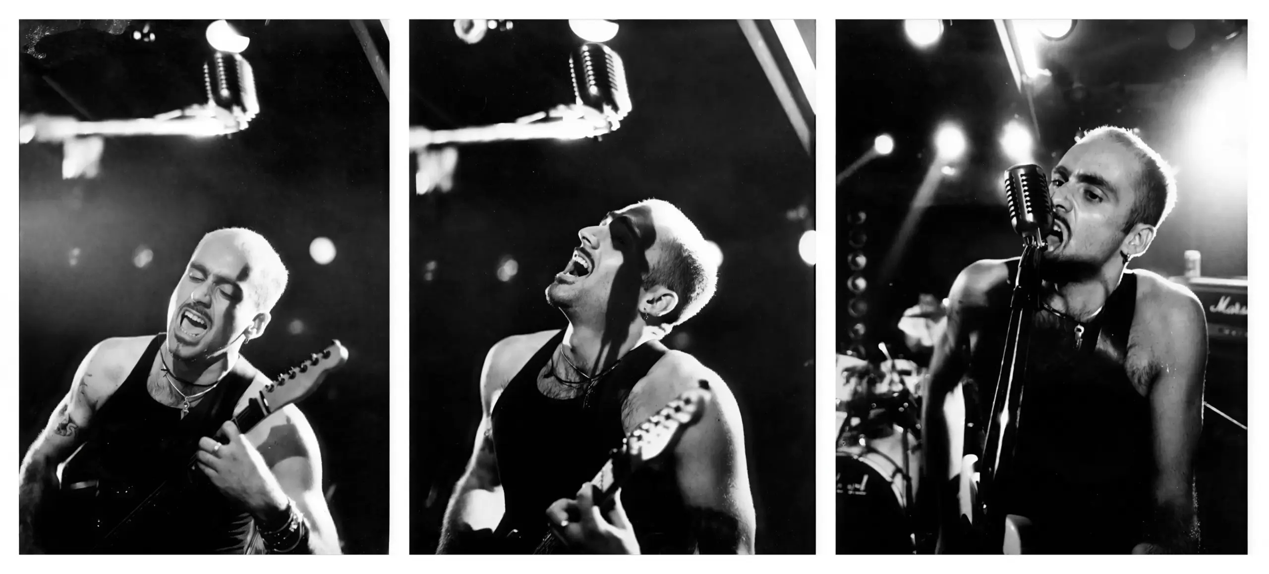 Patrick Oancia performing on stage with his band Death Comes Spring in Niigata, Japan, 1994, shown in a three-panel black-and-white sequence singing and playing guitar.