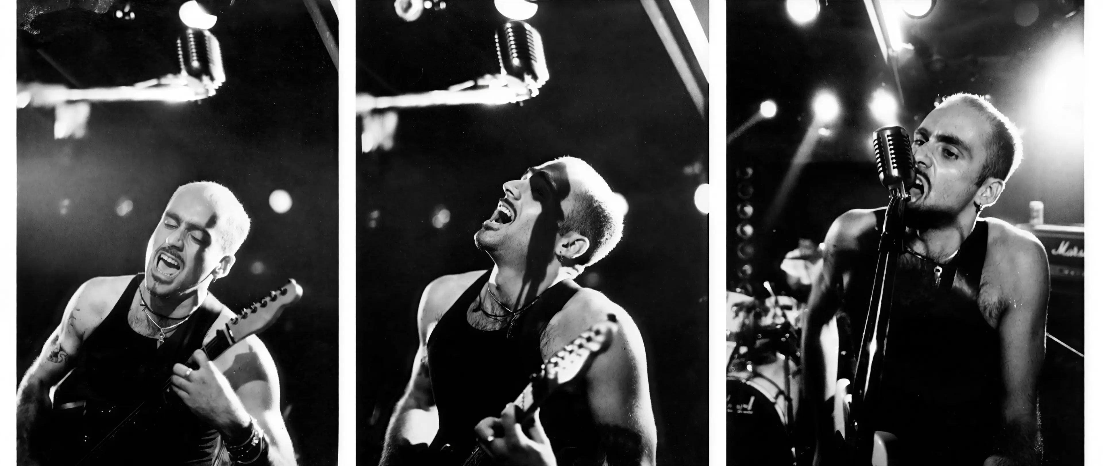 Patrick Oancia performing on stage with his band Death Comes Spring in Niigata, Japan, 1994, shown in a three-panel black-and-white sequence singing and playing guitar.
