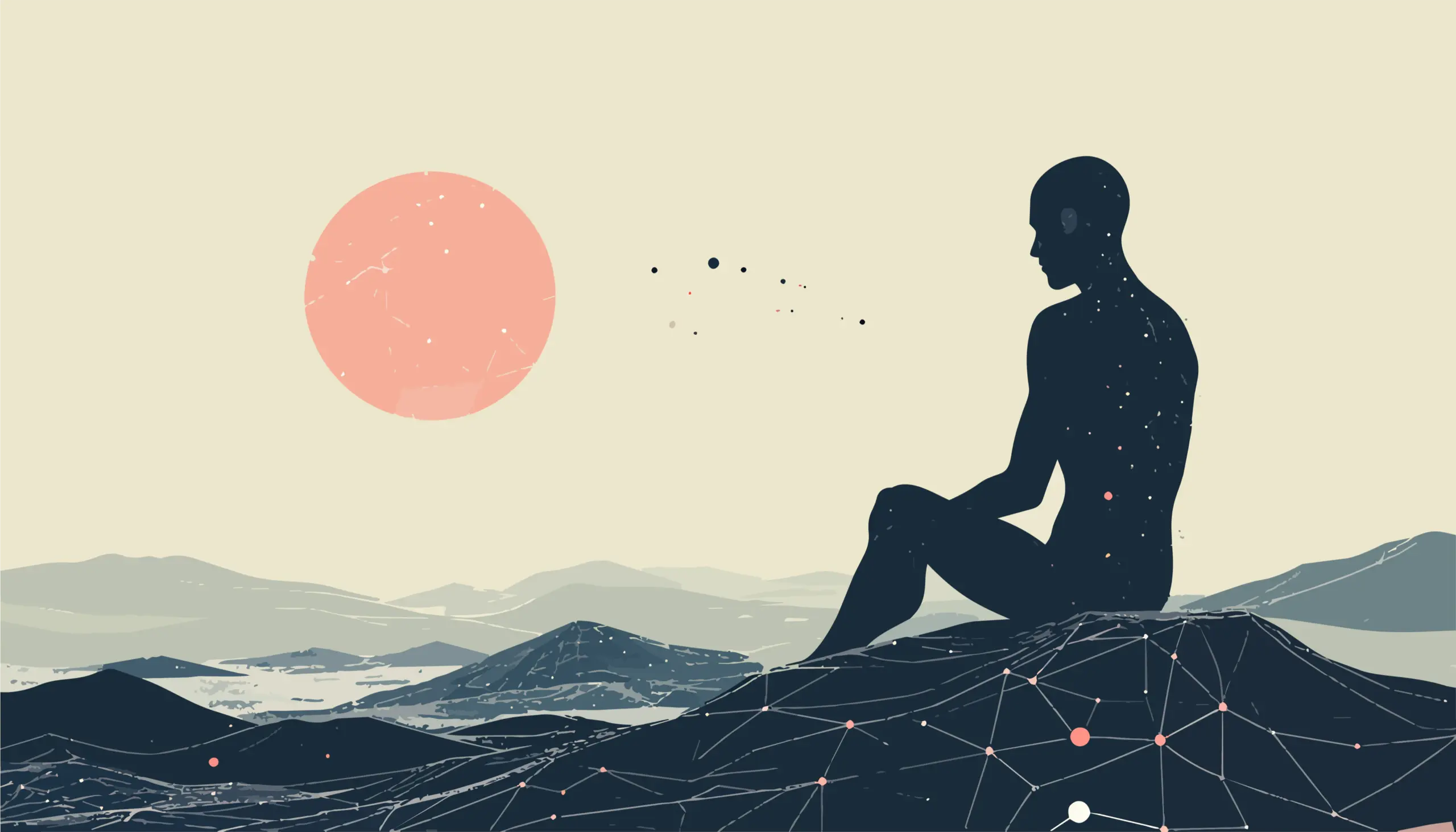 A seated figure in dark silhouette on a hillside, knees drawn up, facing a pale sky with a coral-red sun. The slope beneath the figure is overlaid with a network of fine lines and small dots, and the same scattered points continue across the figure's back and shoulders and out into the air in front of it.