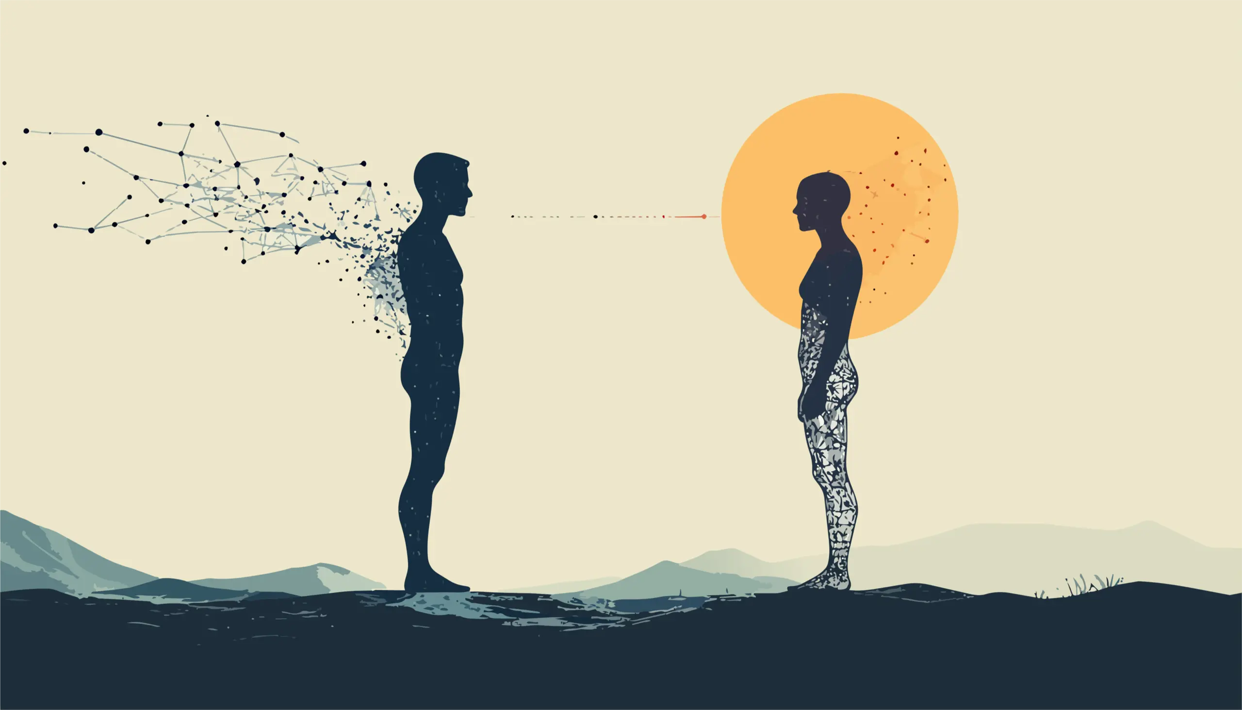Two dark silhouetted figures stand facing each other across an open plain. The figure on the left has a wide, cool-toned cloud of connected dots and lines streaming forward from its head; the figure on the right stands against a large orange sun, its body filled with pale fractured shapes and a smaller cluster of warm-toned points around its head. A thin dotted line runs between them at eye level.