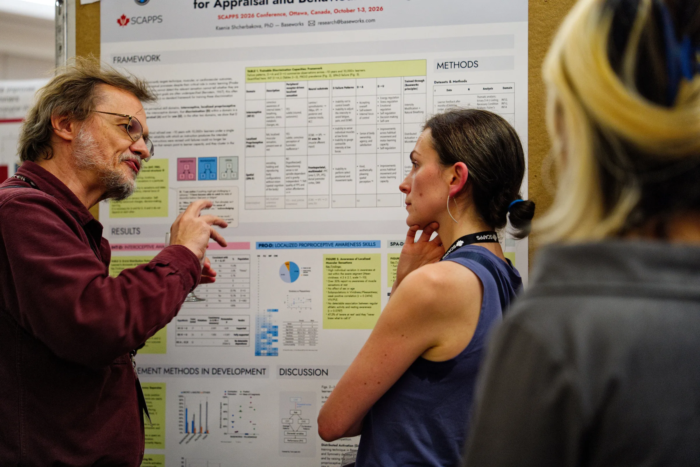 Ksenia Asia Shcherbakova discusses our research with Dr. Paul Cisek in front of the Baseworks poster at SCAPPS 2026.