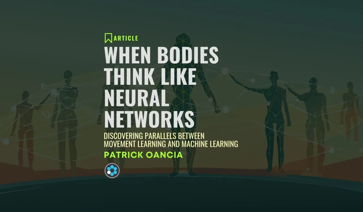 Human figures overlaid with neural network patterns and geometric connections, illustrating parallels between physical intelligence and artificial intelligence systems