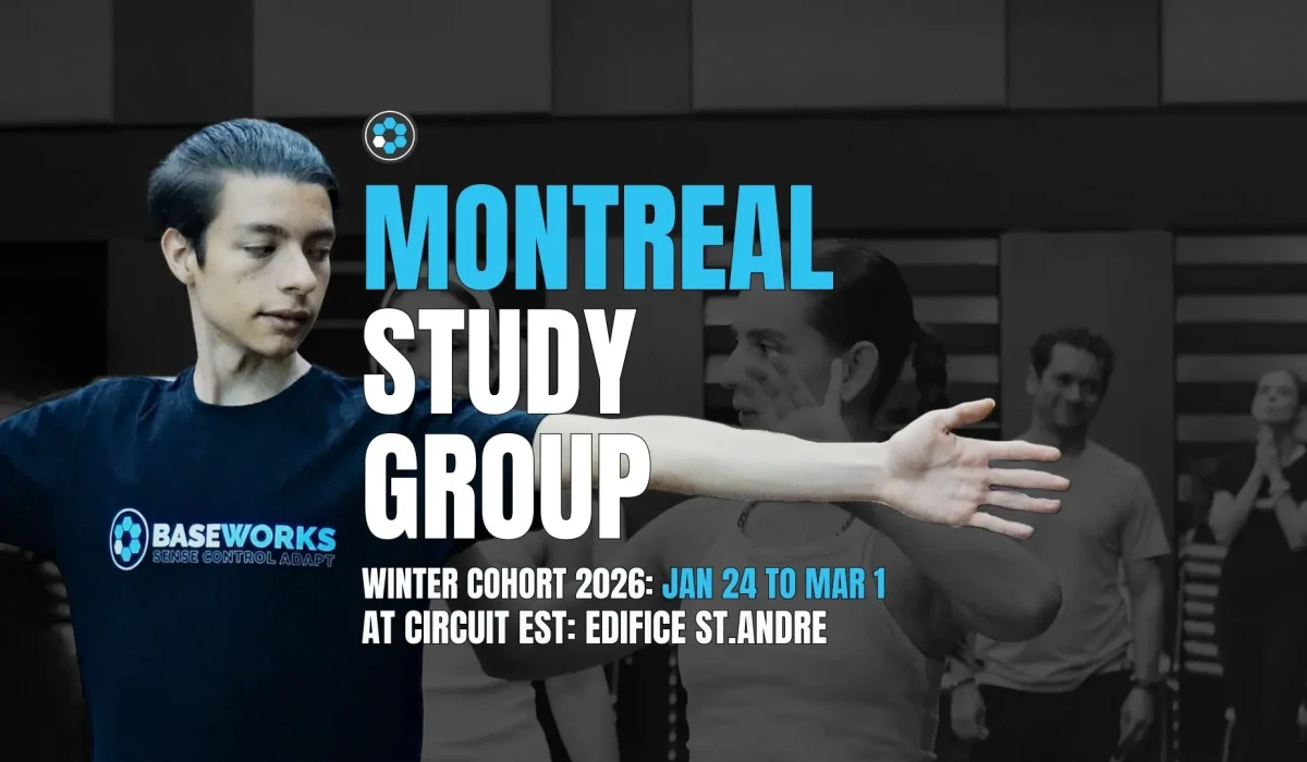 A group practice scene with people practicing movement, featuring a person in the foreground extending their arms, alongside bold text announcing a Montreal study group and event details.
