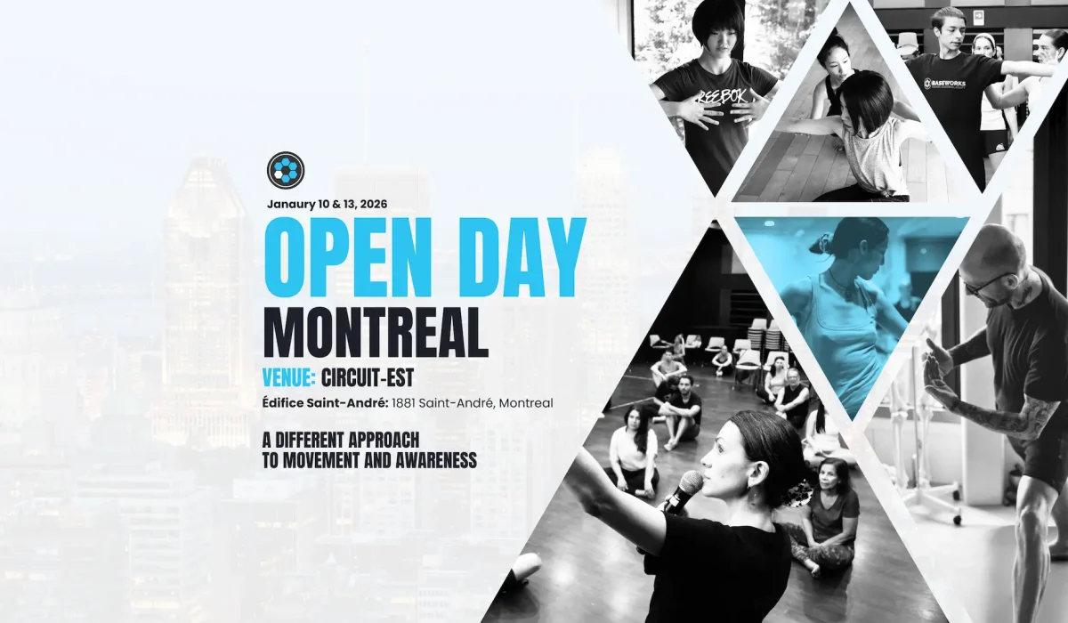 Promotional image for a Montreal open day featuring people practicing movement exercises and event details on the left side.