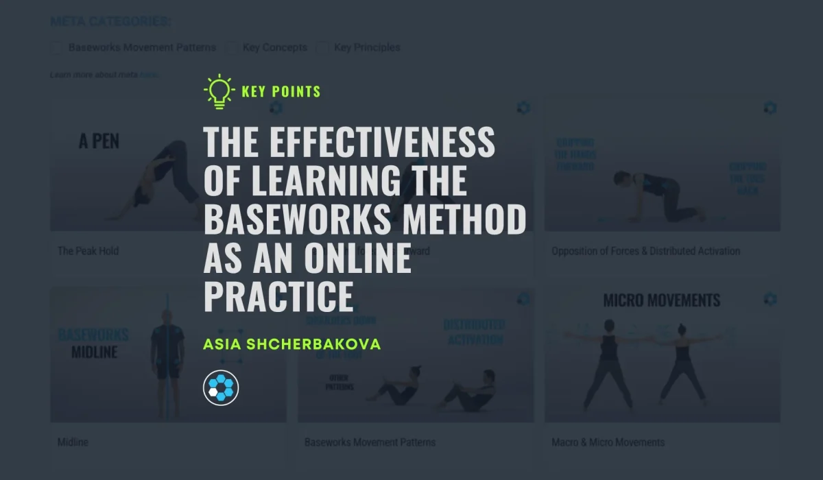 The image has text: "The Effectiveness Of Learning The Baseworks Method As An Online Practice" by Asia-Shcherbakova. In the background, there is a screenshot from the Baseworks Platform showing preview images of the Baseworks Meta videos.