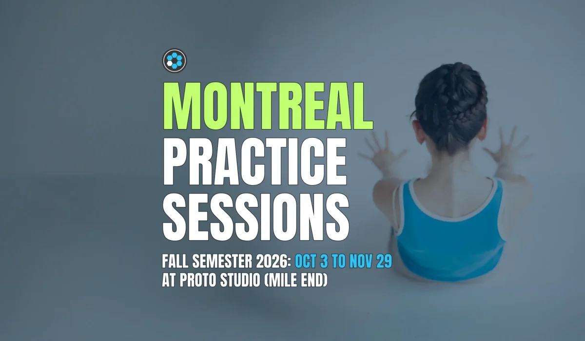 A person with braided hair, seen from behind in a blue tank top, seated with hands raised and fingers spread, with overlaid text: Montreal Practice Sessions, Fall Semester 2026, October 3 to November 29 at Proto Studio, Mile End.